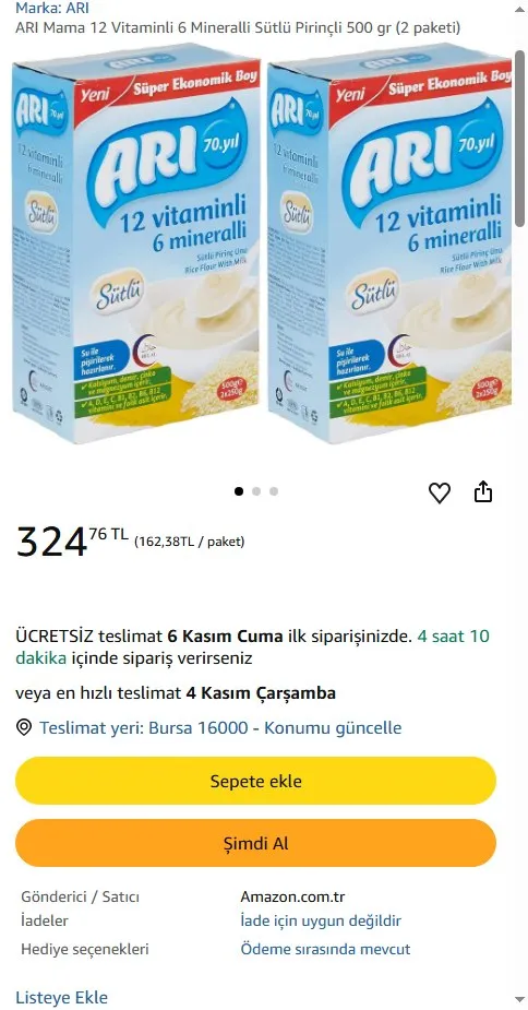 ARI Mama 12 Vitaminli 6 Mineralli Sütlü Pirinçli 500 gr (2 paketi)