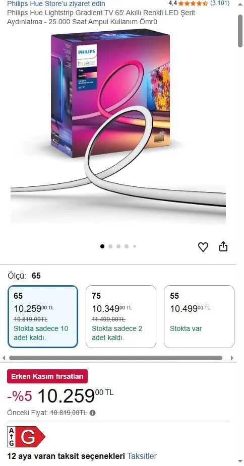 Philips Hue Lightstrip Gradient TV 65' Akıllı Renkli LED Şerit Aydınlatma - 25.000 Saat Ampul Kullanım Ömrü