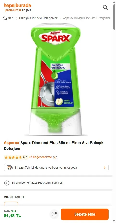 Asperox Sparx Diamond Plus 650 ml Elma Sıvı Bulaşık Deterjanı