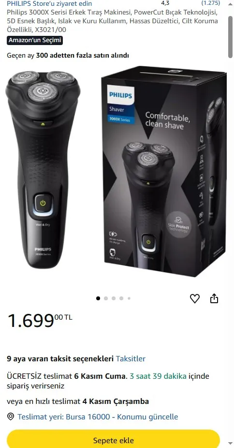 Philips 3000X Serisi Erkek Tıraş Makinesi, PowerCut Bıçak Teknolojisi, 5D Esnek Başlık, Islak ve Kuru Kullanım, Hassas Düzeltici, Cilt Koruma Özellikli, X3021/00