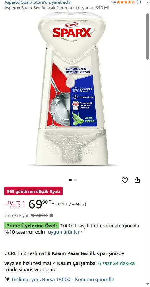 Asperox Sparx Sıvı Bulaşık Deterjanı Losyonlu, 650 Ml