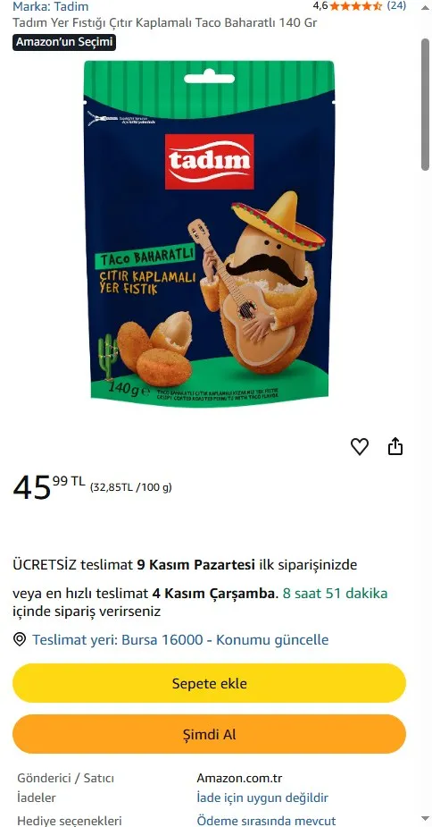 Tadım Yer Fıstığı Çıtır Kaplamalı Taco Baharatlı 140 Gr