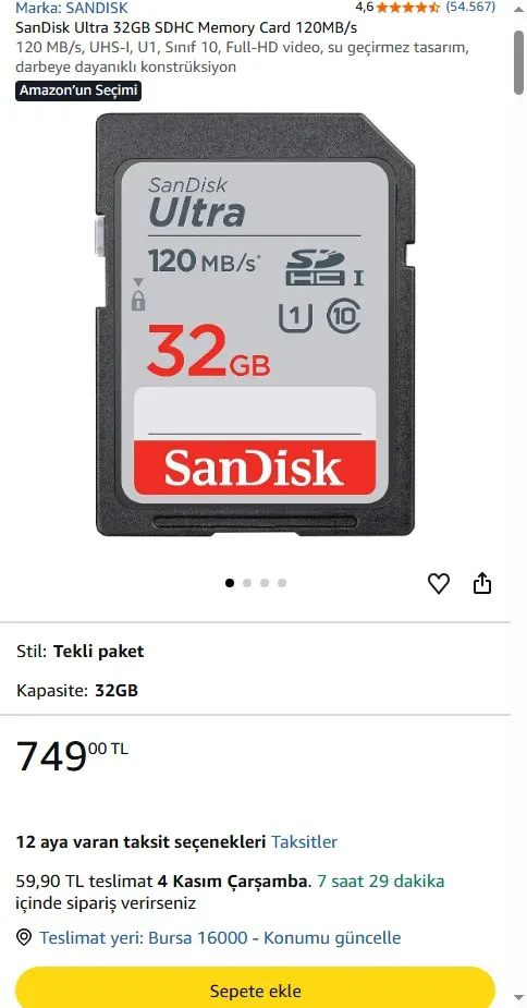SanDisk Ultra 32GB SDHC Memory Card 120MB/s