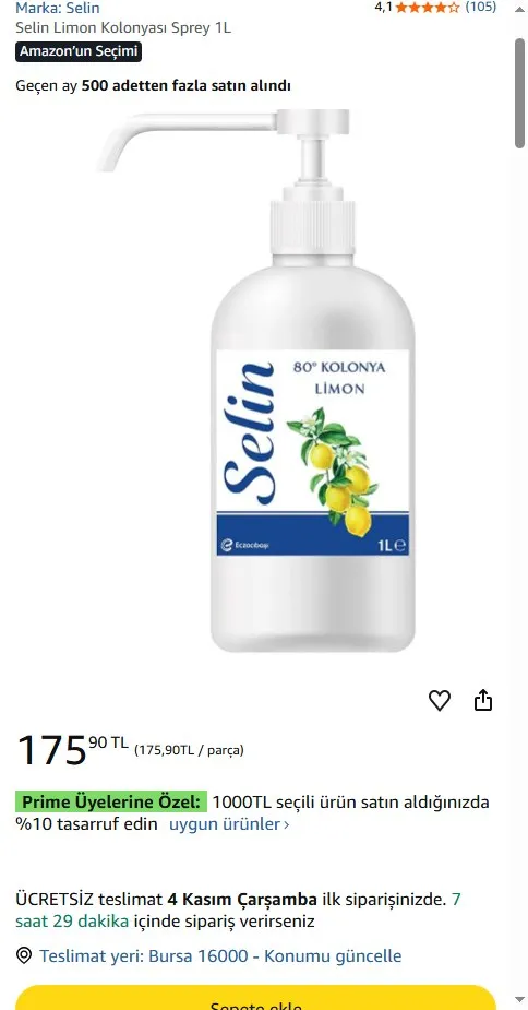 Selin Limon Kolonyası Sprey 1L
