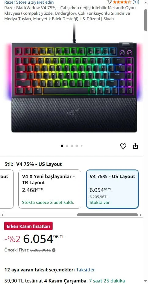 Razer BlackWidow V4 75% - Çalışırken değiştirilebilir Mekanik Oyun Klavyesi (Kompakt yüzde, Underglow, Çok Fonksiyonlu Silindir ve Medya Tuşları, Manyetik Bilek Desteği) US-Düzeni | Siyah