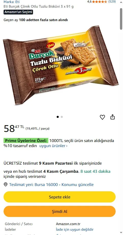 Eti Burçak Çörek Otlu Tuzlu Bisküvi 3 x 91 g