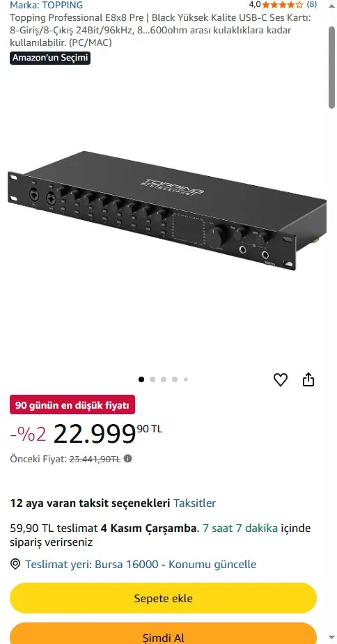 Topping Professional E8x8 Pre | Black Yüksek Kalite USB-C Ses Kartı: 8-Giriş/8-Çıkış 24Bit/96kHz, 8...600ohm arası kulaklıklara kadar kullanılabilir. (PC/MAC)