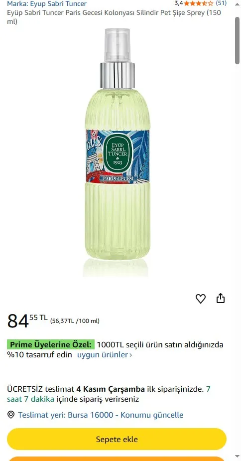 Eyüp Sabri Tuncer Paris Gecesi Kolonyası Silindir Pet Şişe Sprey (150 ml)