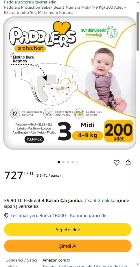 Paddlers Protection Bebek Bezi 3 Numara Midi (4-9 Kg) 200 Adet – Ekstra Jumbo Set, Maksimum Koruma