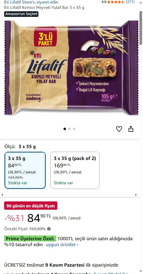 Eti Lifalif Kırmızı Meyveli Yulaf Bar 3 x 35 g