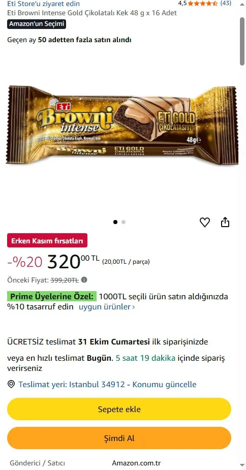 Eti Browni Intense Gold Çikolatalı Kek 48 g x 16 Adet