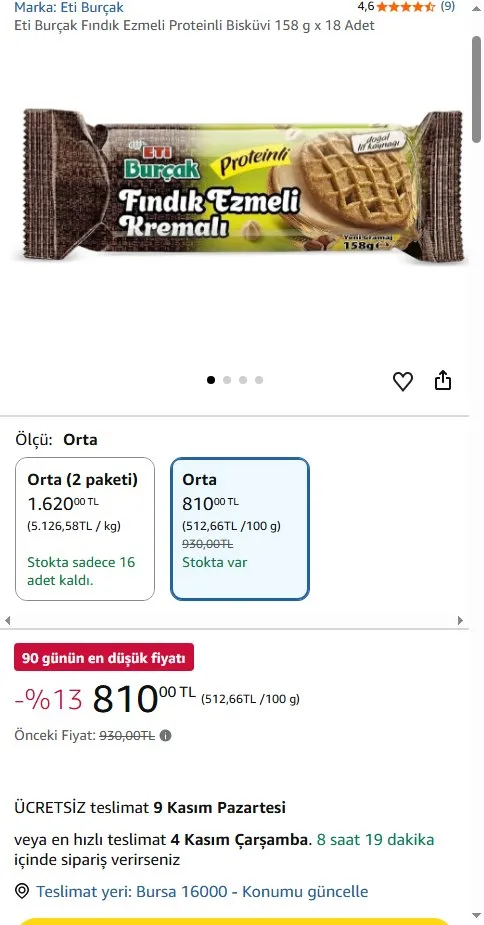 Eti Burçak Fındık Ezmeli Proteinli Bisküvi 158 g x 18 Adet