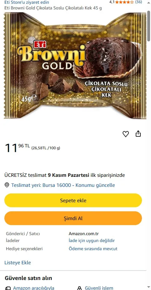 Eti Browni Gold Çikolata Soslu Çikolatalı Kek 45 g