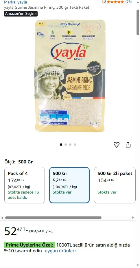 yayla Gurme Jasmine Pirinç, 500 gr Tekli Paket
