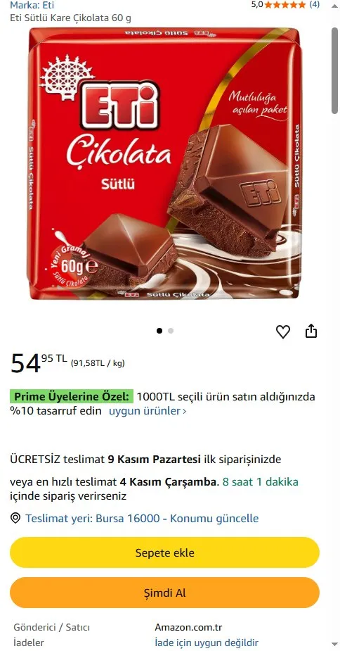 Eti Sütlü Kare Çikolata 60 g