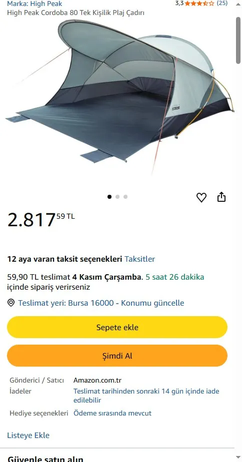 High Peak Cordoba 80 Tek Kişilik Plaj Çadırı