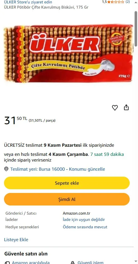 ÜLKER Pötibör Çifte Kavrulmuş Bisküvi, 175 Gr