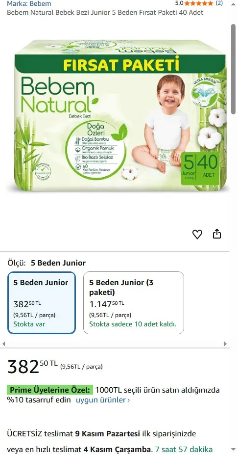 Bebem Natural Bebek Bezi Junior 5 Beden Fırsat Paketi 40 Adet