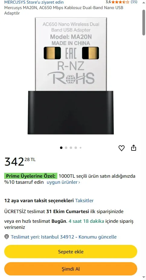 Mercusys MA20N, AC650 Mbps Kablosuz Dual-Band Nano USB Adaptör