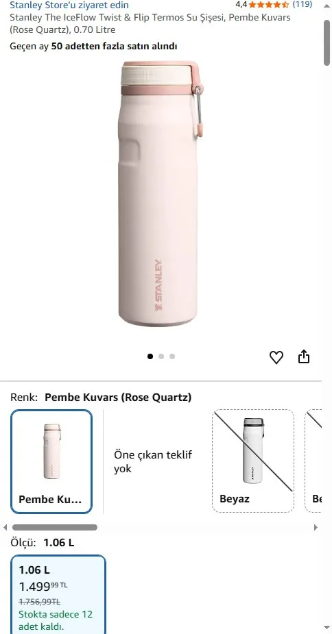 Stanley The IceFlow Twist & Flip Termos Su Şişesi, Pembe Kuvars (Rose Quartz), 0.70 Litre