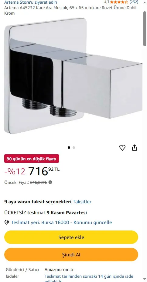 Artema A45232 Kare Ara Musluk, 65 x 65 mmkare Rozet Ürüne Dahil, Krom