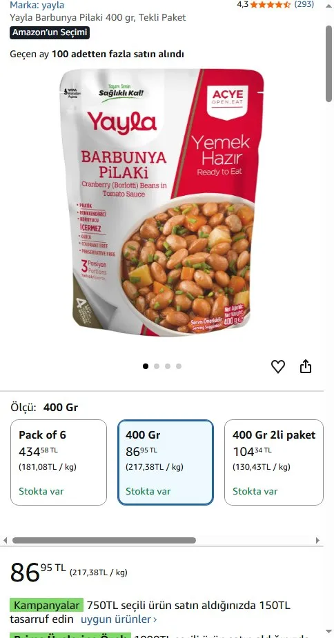 Yayla Barbunya Pilaki 400 gr, Tekli Paket