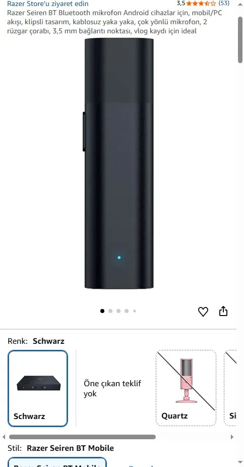 Razer Seiren BT Bluetooth mikrofon Android cihazlar için, mobil/PC akışı, klipsli tasarım, kablosuz yaka yaka, çok yönlü mikrofon, 2 rüzgar çorabı, 3,5 mm bağlantı noktası, vlog kaydı için ideal