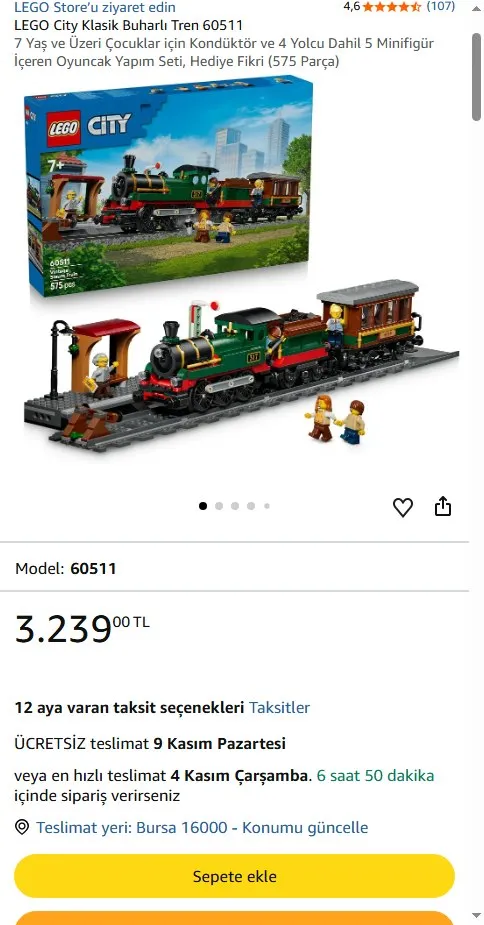 LEGO City Klasik Buharlı Tren 60511