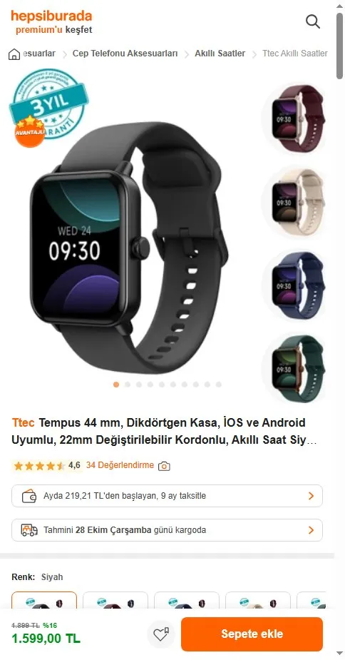 Ttec Tempus 44 mm, Dikdörtgen Kasa, İOS ve Android Uyumlu, 22mm Değiştirilebilir Kordonlu, Akıllı Saat Siyah 2S13WV3