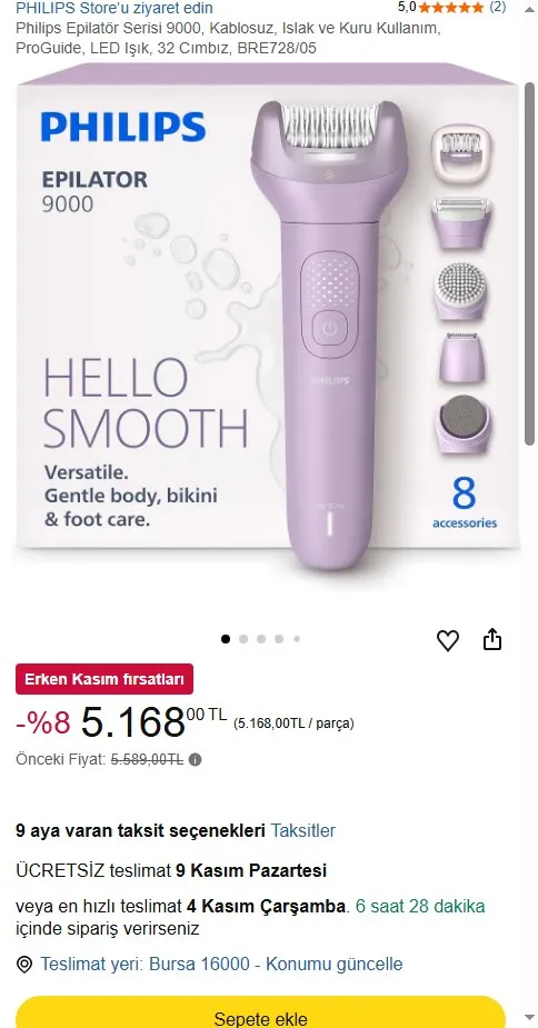 Philips Epilatör Serisi 9000, Kablosuz, Islak ve Kuru Kullanım, ProGuide, LED Işık, 32 Cımbız, BRE728/05