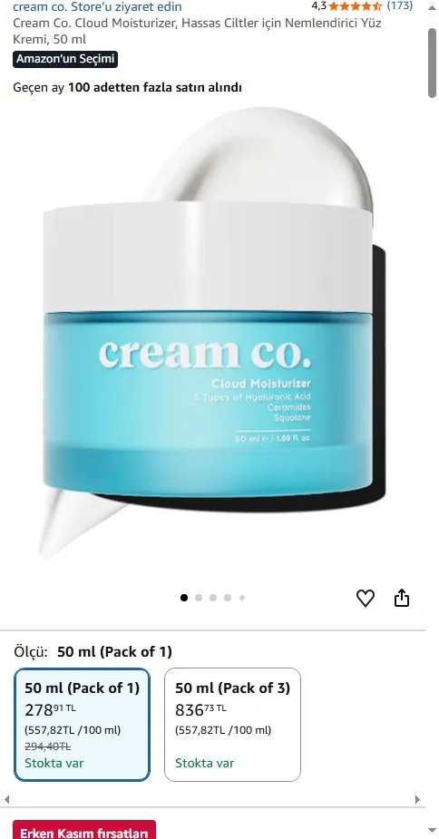 Cream Co. Cloud Moisturizer, Hassas Ciltler için Nemlendirici Yüz Kremi, 50 ml