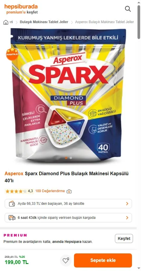 Asperox Sparx Diamond Plus Bulaşık Makinesi Kapsülü 40'lı