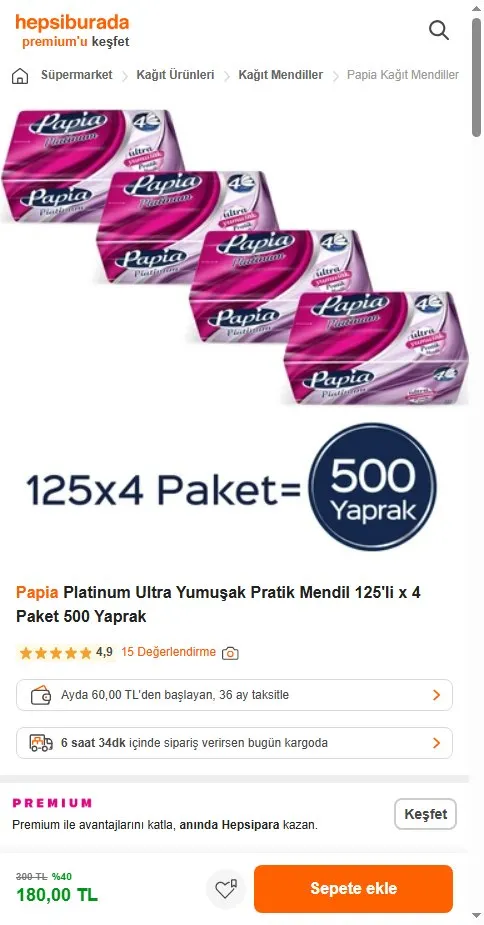 Papia Platinum Ultra Yumuşak Pratik Mendil 125'li x 4 Paket 500 Yaprak