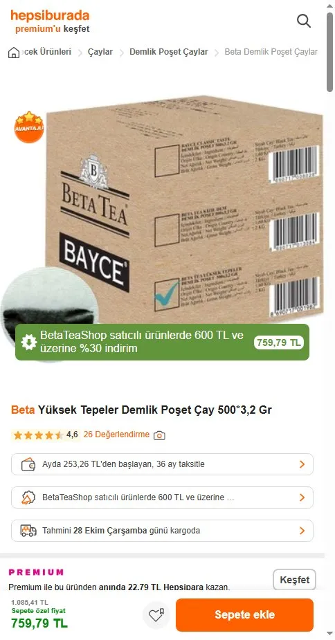 Beta Yüksek Tepeler Demlik Poşet Çay 500*3,2 Gr