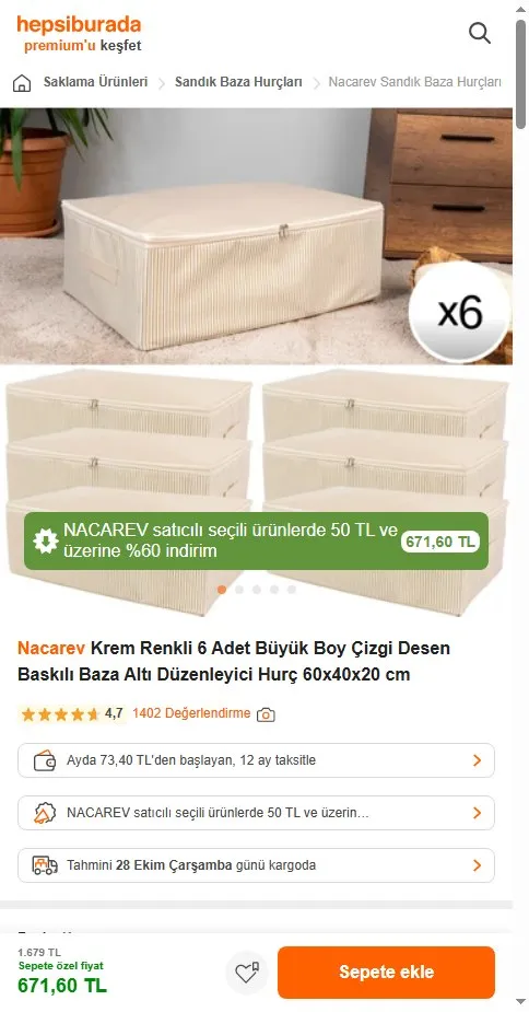 Nacarev Krem Renkli 6 Adet Büyük Boy Çizgi Desen Baskılı Baza Altı Düzenleyici Hurç 60x40x20 cm