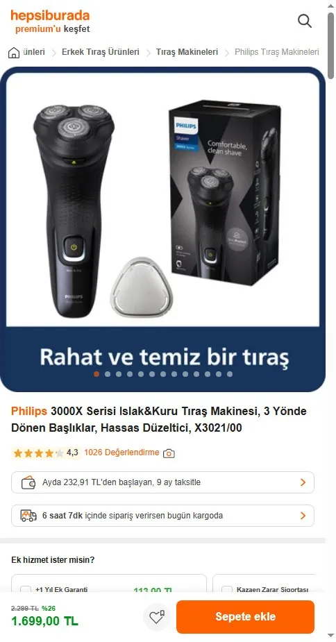 Philips 3000X Serisi Islak&Kuru Tıraş Makinesi, 3 Yönde Dönen Başlıklar, Hassas Düzeltici, X3021/00