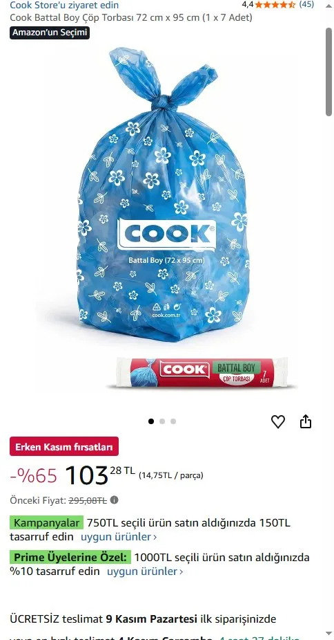Cook Battal Boy Çöp Torbası 72 cm x 95 cm (1 x 7 Adet)
