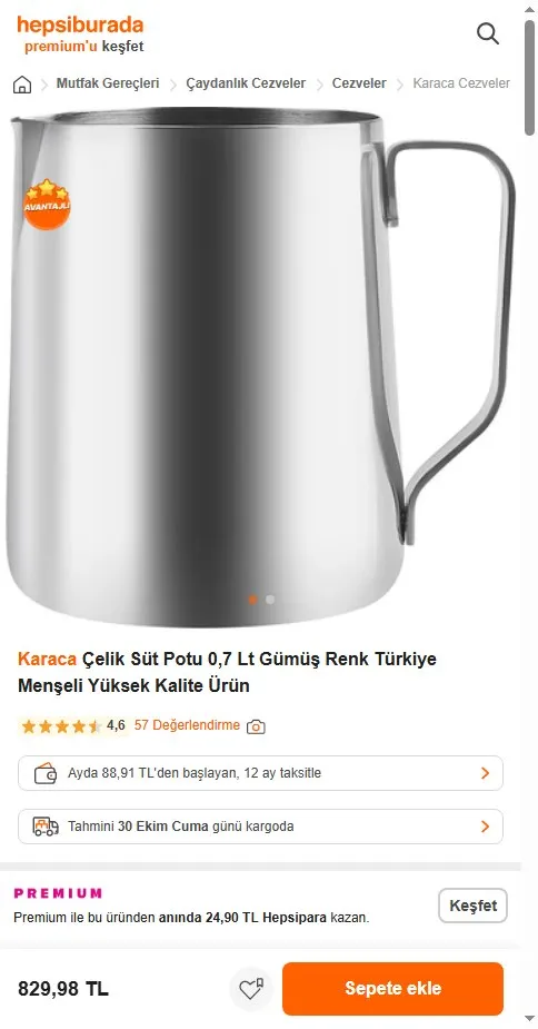 Karaca Çelik Süt Potu 0,7 Lt Gümüş Renk Türkiye Menşeli Yüksek Kalite Ürün