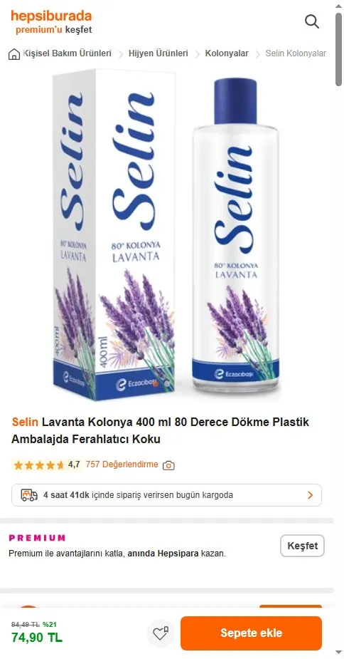 Selin Lavanta Kolonya 400 ml 80 Derece Dökme Plastik Ambalajda Ferahlatıcı Koku