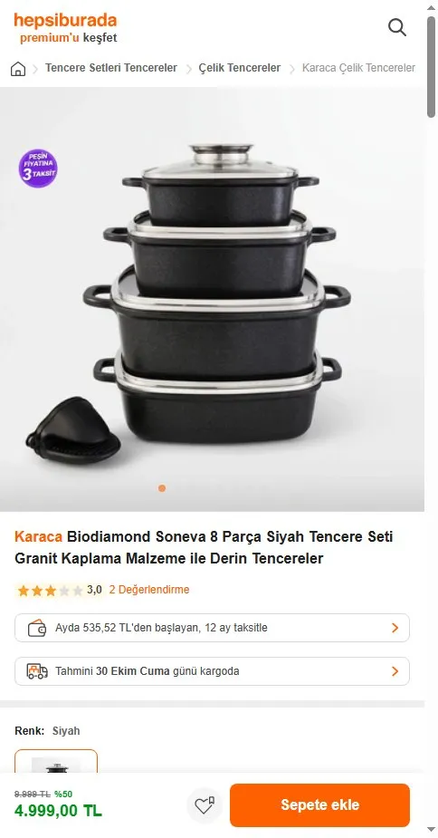 Karaca Biodiamond Soneva 8 Parça Siyah Tencere Seti Granit Kaplama Malzeme ile Derin Tencereler