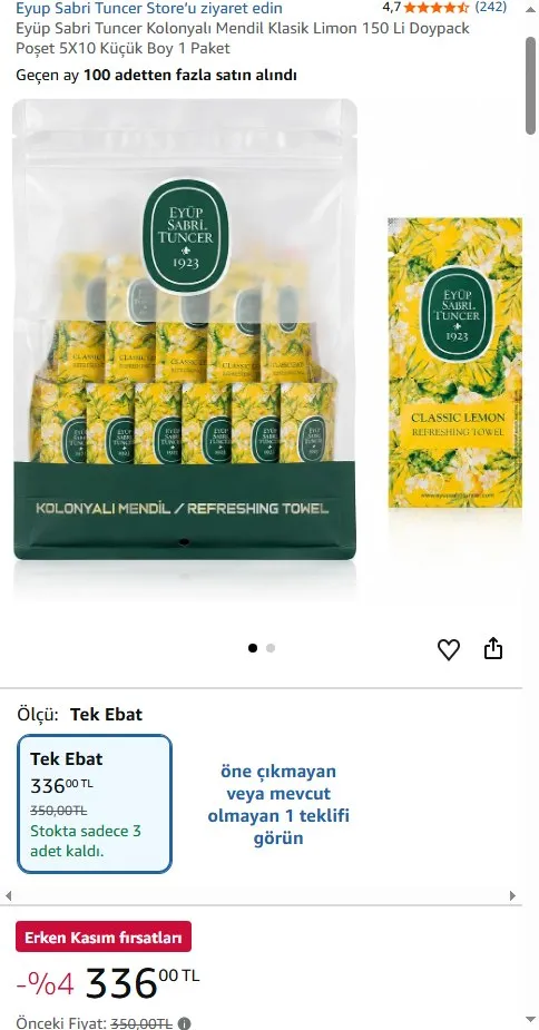 Eyüp Sabri Tuncer Kolonyalı Mendil Klasik Limon 150 Li Doypack Poşet 5X10 Küçük Boy 1 Paket
