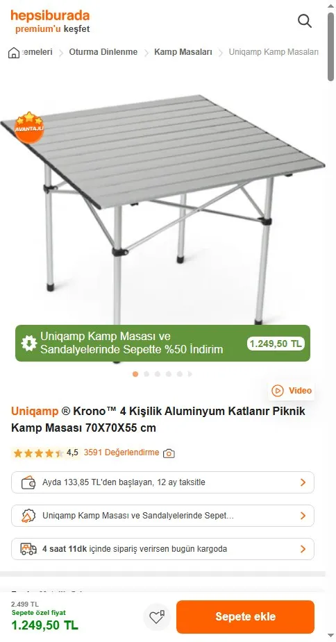 Uniqamp ® Krono™ 4 Kişilik Aluminyum Katlanır Piknik Kamp Masası 70X70X55 cm