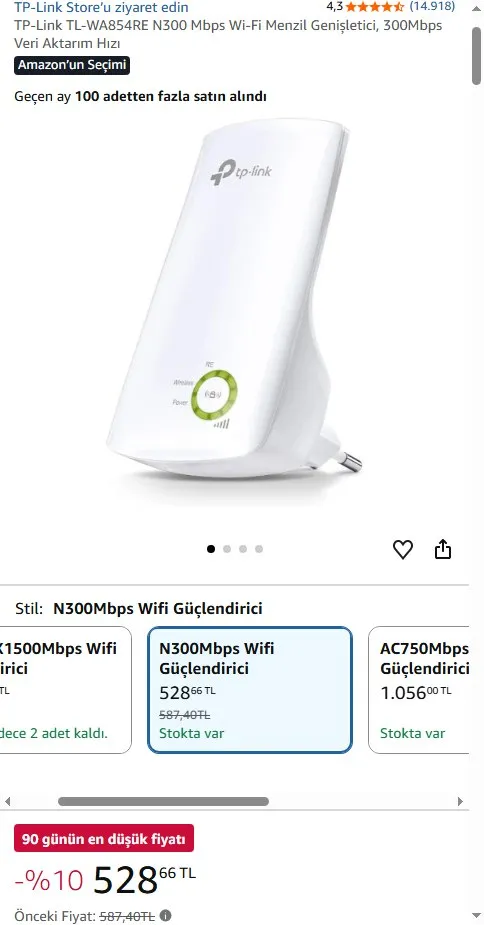 TP-Link TL-WA854RE N300 Mbps Wi-Fi Menzil Genişletici, 300Mbps Veri Aktarım Hızı