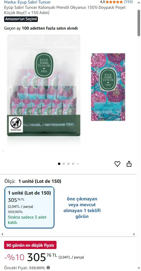 Eyüp Sabri Tuncer Kolonyalı Mendil Okyanus 150'li Doypack Poşet Küçük Boy(1 x 150 Adet)