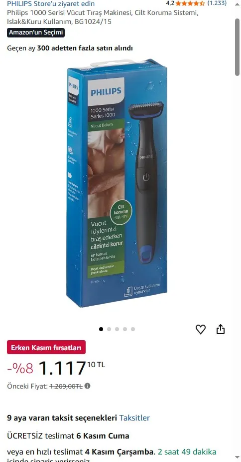 Philips 1000 Serisi Vücut Tıraş Makinesi, Cilt Koruma Sistemi, Islak&Kuru Kullanım, BG1024/15