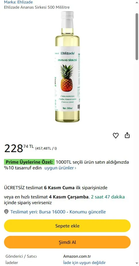 Ehlizade Ananas Sirkesi 500 Mililitre