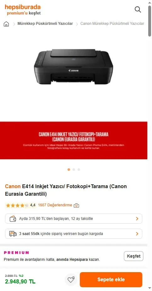 Canon E414 Inkjet Yazıcı/ Fotokopi+Tarama (Canon Eurasia Garantili)