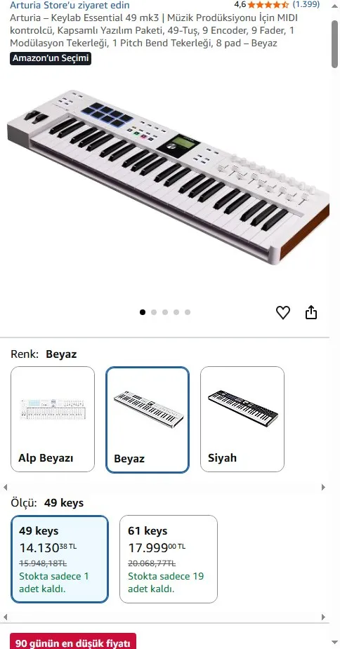 Arturia – Keylab Essential 49 mk3 | Müzik Prodüksiyonu İçin MIDI kontrolcü, Kapsamlı Yazılım Paketi, 49-Tuş, 9 Encoder, 9 Fader, 1 Modülasyon Tekerleği, 1 Pitch Bend Tekerleği, 8 pad – Beyaz