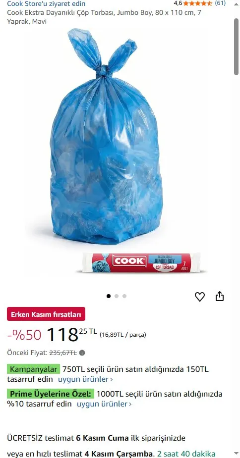 Cook Ekstra Dayanıklı Çöp Torbası, Jumbo Boy, 80 x 110 cm, 7 Yaprak, Mavi