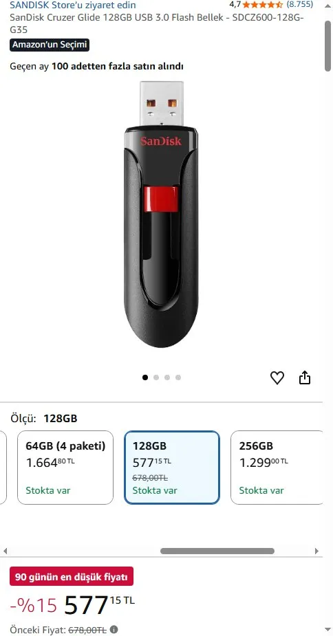 SanDisk Cruzer Glide 128GB USB 3.0 Flash Bellek - SDCZ600-128G-G35